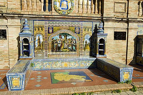 Tiled seating depicting various parts of historic Spain, Plaza de Espana erected for the 1929 Exposition, Parque Maria Luisa, Seville, Andalusia, Spain, Europe