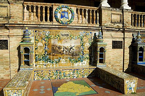 Tiled seating depicting various parts of historic Spain, Plaza de Espana erected for the 1929 Exposition, Parque Maria Luisa, Seville, Andalusia, Spain, Europe