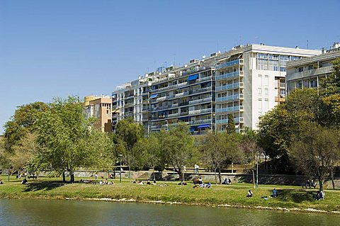 Modern apartment blocks on the river Rio Guadalquivir, Seville, Andalusia, Spain, Europe