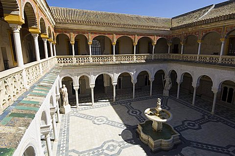 View of the Patio Principal in Casa de Pilatos, Santa Cruz district, Seville, Andalusia, Spain, Europe