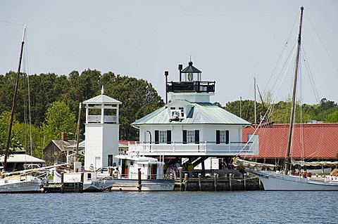 Typical historic lighthouse rescued and brought to the Chesapeake Bay Maritime Museum, St. Michaels, Talbot County, Miles River, Chesapeake Bay area, Maryland, United States of America, North America