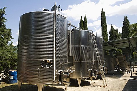 Stainless steel fermentation vats at the Villa Vignamaggio. the wine producer whose wines were the first to be called Chianti, near Greve, Chianti, Tuscany, Italy, Europe