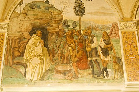 Benedictine Monastery famous for frescoes in cloisters depicting the life of St. Benedict, Monte Oliveto Maggiore, Tuscany, Italy, Europe