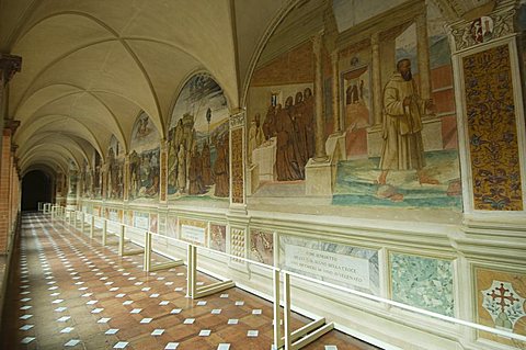 Benedictine Monastery famous for frescoes in cloisters depicting the life of St. Benedict, Monte Oliveto Maggiore, Tuscany, Italy, Europe