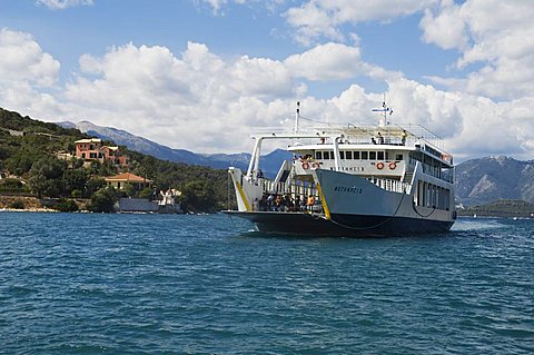 Ferry from Nidri, Lefkada arriving at Vathy on the Island of Meganisi, Ionian Islands, Greek Islands, Greece, Europe