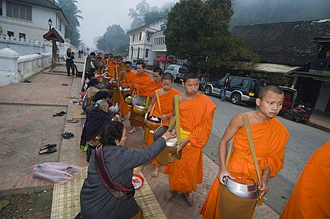 Buddhist monks collecting alms in the early morning, Luang Prabang, Laos, Indochina, Southeast Asia, Asia