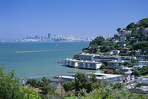 Sausalito, a town on San Francisco Bay in Marin County, with the San Francisco city skyline  in the distance, California, United States of America (U.S.A.), North America