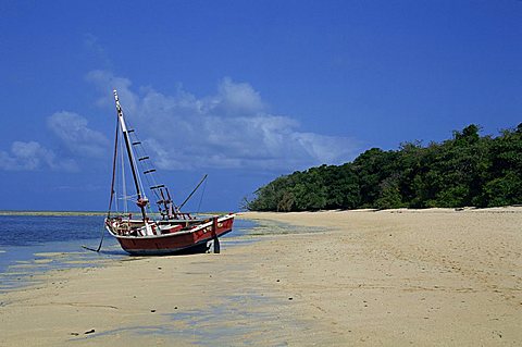 A boat moored on the beach on Green Island, Great Barrier Reef, Queensland, Australia, Pacific