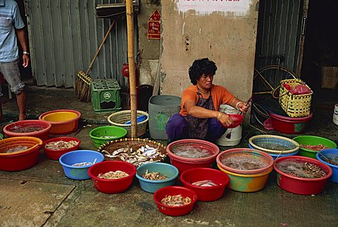 Woman squatting on the pavement selling fish from plastic bowls in the fish market at Taio on Lantau Island, Hong Kong, China, Asia