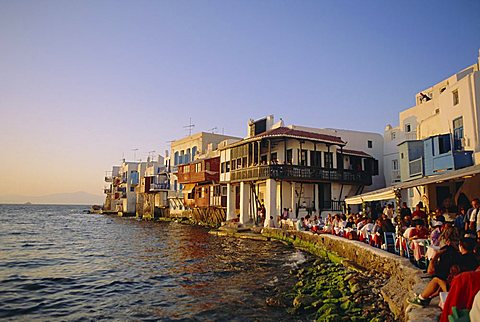 Little Venice in the Alefkandra district of Mykonos Town,  Mykonos, Cyclades Islands, Greece, Europe