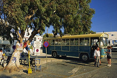 Local bus at the terminal in Mykonos town on the island of Mykonos, Cyclades Islands, Greek Islands, Greece, Europe