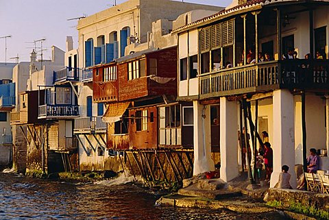 Little Venice in the Alefkandra district of the old town, Mykonos, Cyclades Islands, Greece, Europe