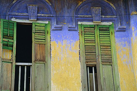 Colourful window shutters in an old builing, Georgetown, Penang, Malaysia