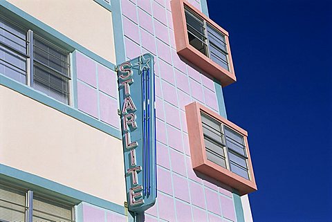 Neon sign of the Starlite Hotel, Ocean Drive, Art Deco District, Miami Beach, South Beach, Miami, Florida, United States of America, North America