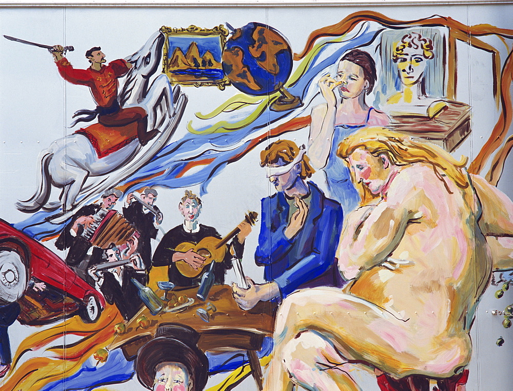 Mural of a nude woman, blindfolded man and musicians painted on the Berlin Wall in Berlin, Germany, Europe