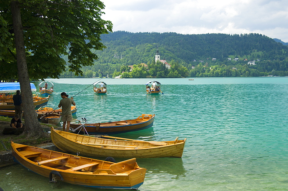 Rowing boats for hire, Lake Bled, Slovenia, Europe