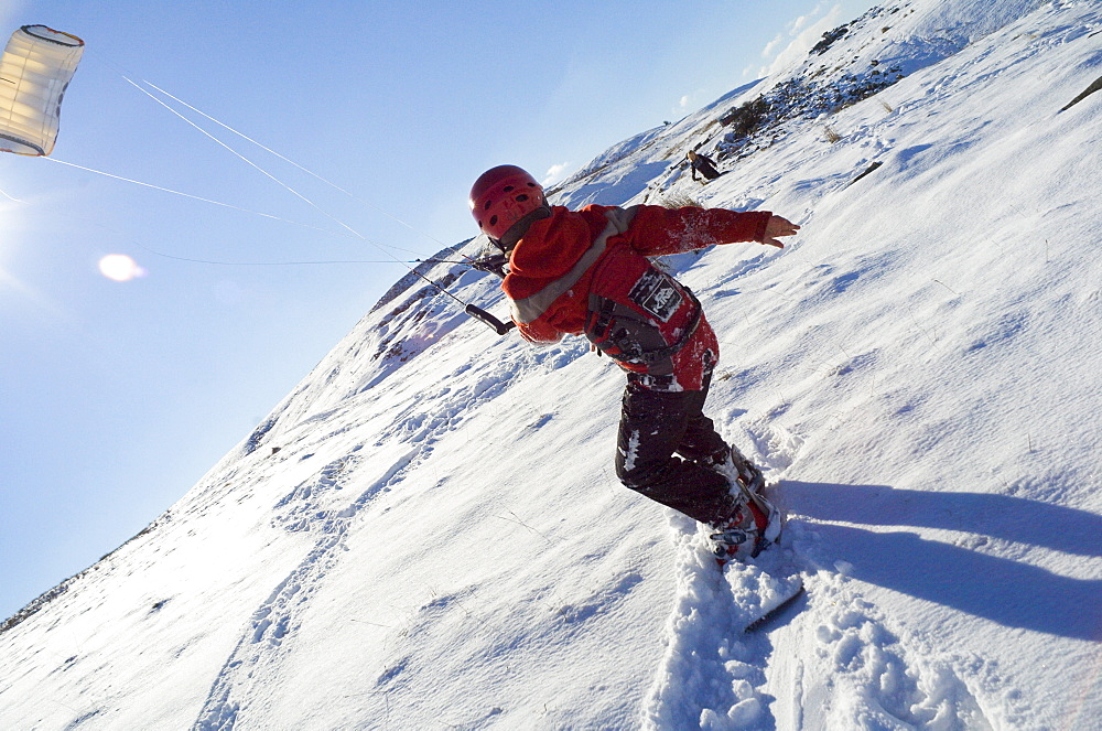 Kite snowboarding, Brecon Beacons, Wales, United Kingdom, Europe