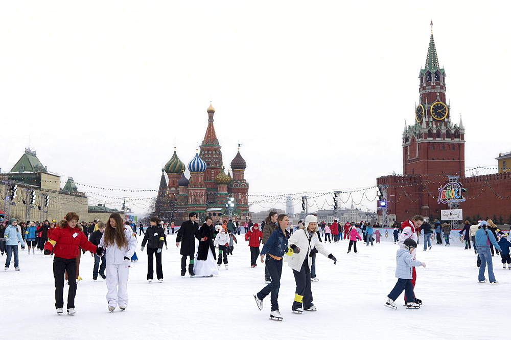 Ice skating in Red Square, UNESCO World Heritage Site, Moscow, Russia, Europe