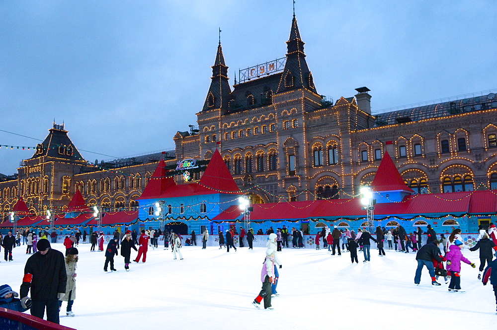 Ice skating in Red Square, UNESCO World Heritage Site, Moscow, Russia, Europe