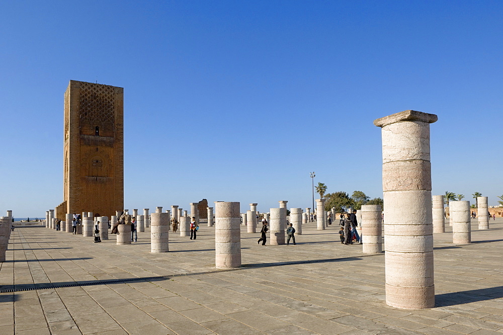 Visitors walk among the prayer hall columns of The Unfinished Hassan Mosque, Rabat, Morocco, North Africa, Africa