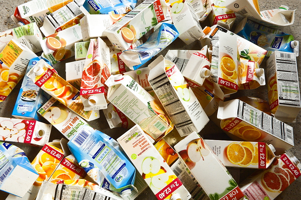 Juice cartons await recycling, Powys, Wales, United Kingdom, Europe