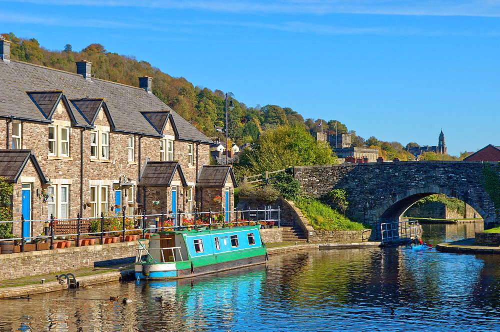 A view of the Canal Basin, Brecon and Monmouthshire Canal, Brecon, Brecon Beacons National Park, Powys, Wales, United Kingdom, Europe