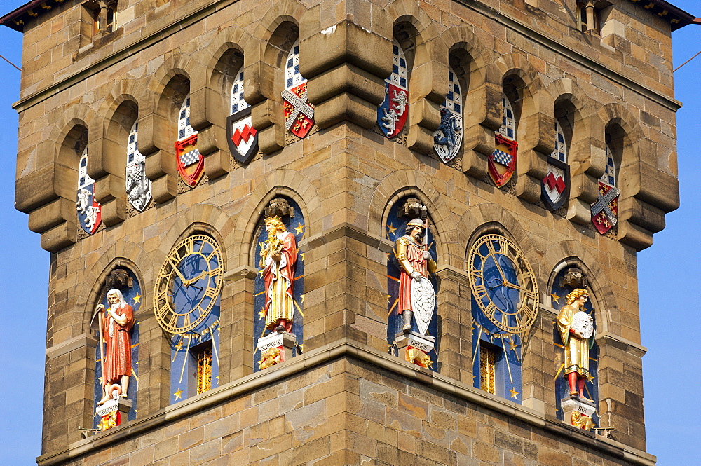 A detailed view of the Clock Tower at Cardiff Castle, Cardiff, Glamorgan, Wales, United Kingdom, Europe