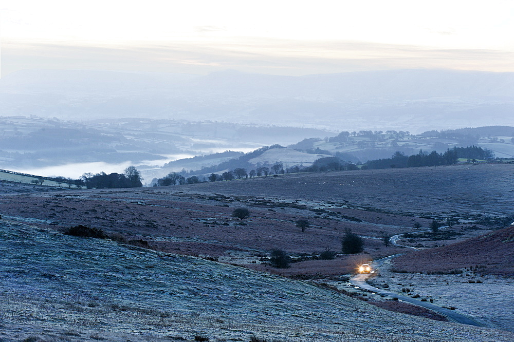 A view at sunrise towards The Brecon Beacons National Park, Powys, Wales, United Kingdom, Europe