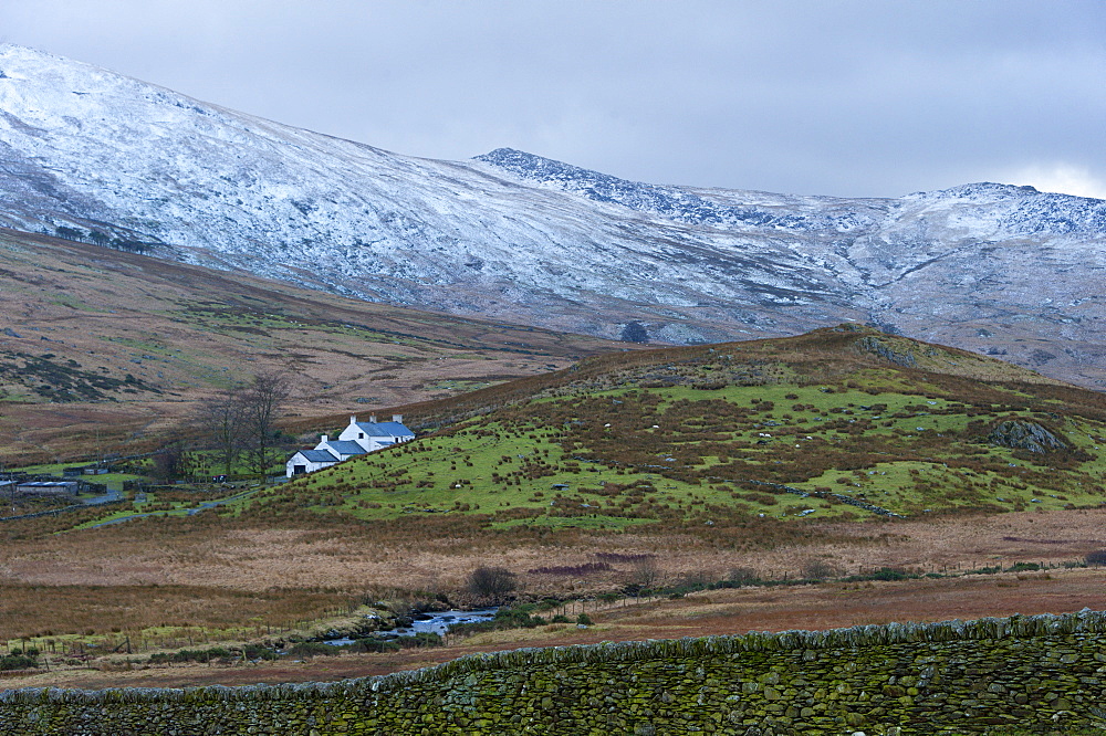 Farmhouse in a wintry landscape in the Snowdonia National Park, Gwynedd, Wales, United Kingdom, Europe