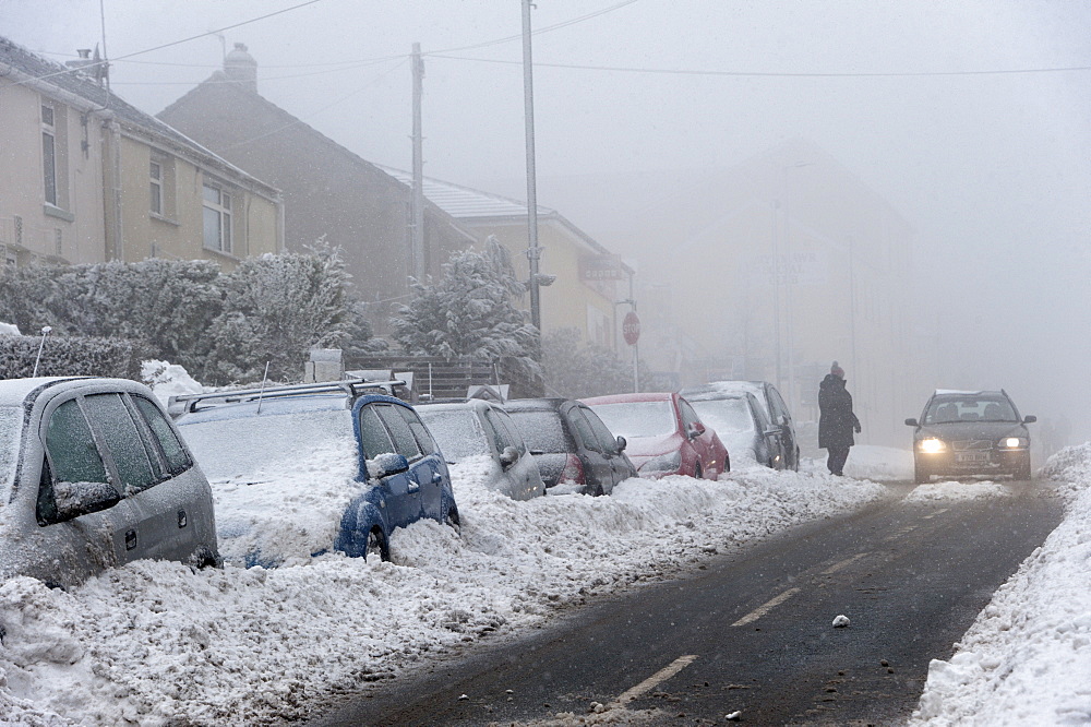 A blizzard hits the town of Brynmawr in Blaenau Gwent, Wales, United Kingdom, Europe