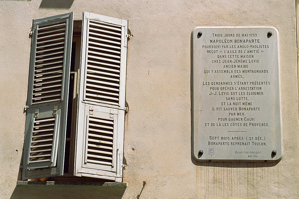 Sign informing that Napoleon shltered here, Ajaccio, Corsica, France, Europe