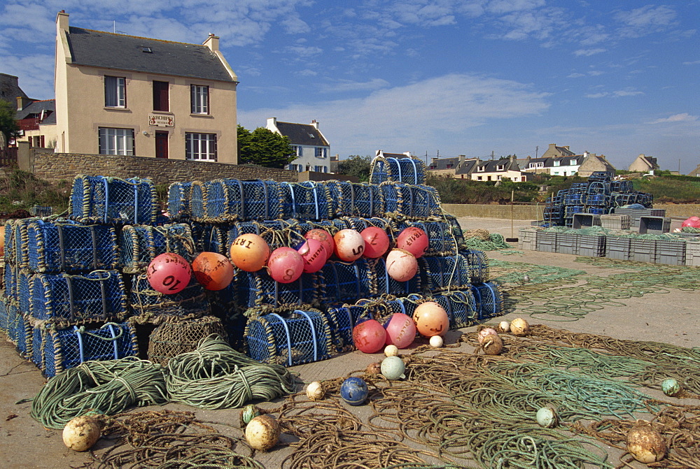 Nets stacked up at harbour side, village on coast, Molene Island, Bretagne (Brittany), France, Europe