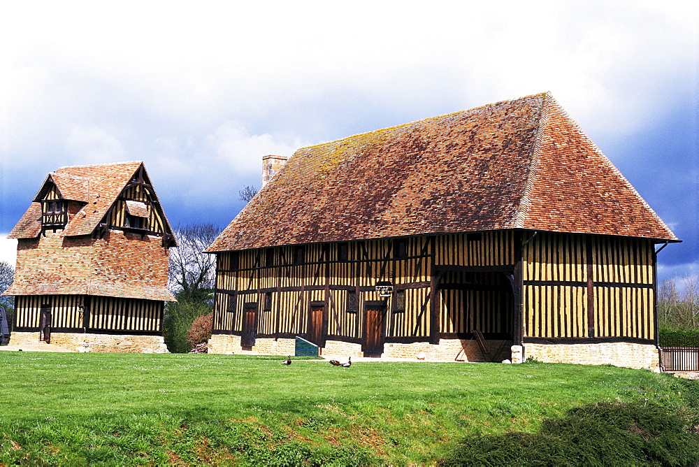 Farm dating from the 15th century, and dovecot, Crevecoeur manor, Auge, Basse Normandie (Normandy), France, Europe