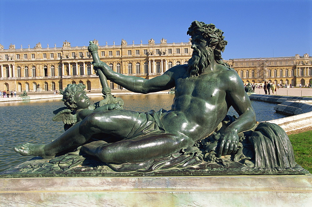 Le Rhone river statue in the Parterre d'eau, at the Chateau of Versailles UNESCO World Heritage Site, Ile de France, France, Europe