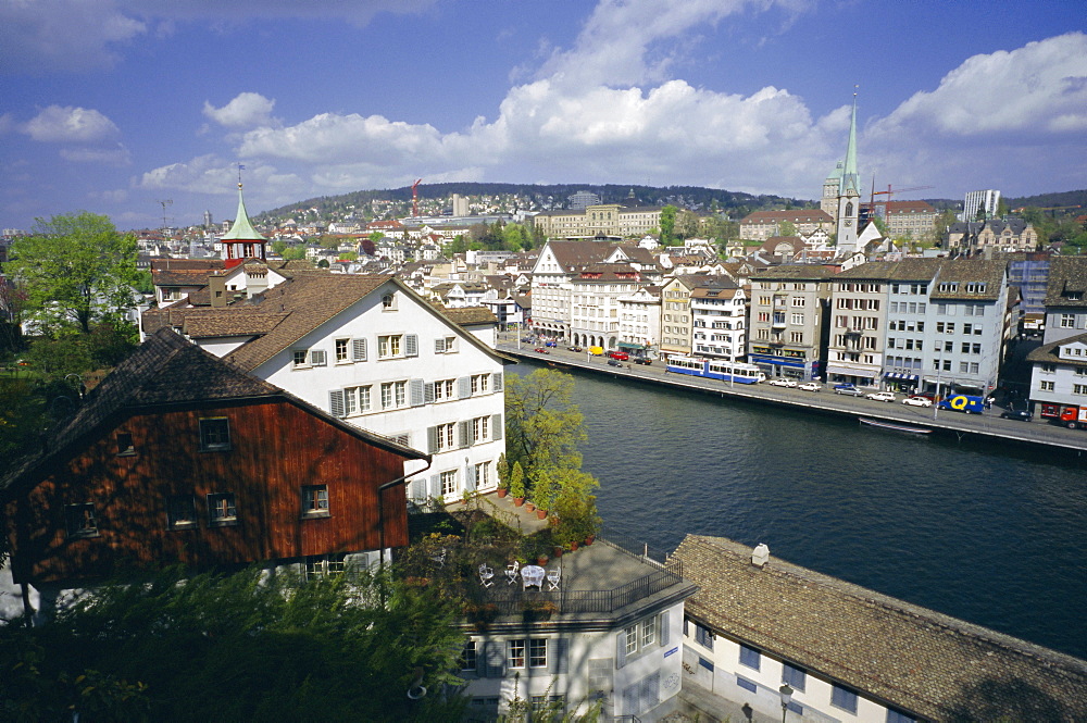 General view from Lindenhof of the city across the Zimmat River, Zurich, Switzerland, Europe