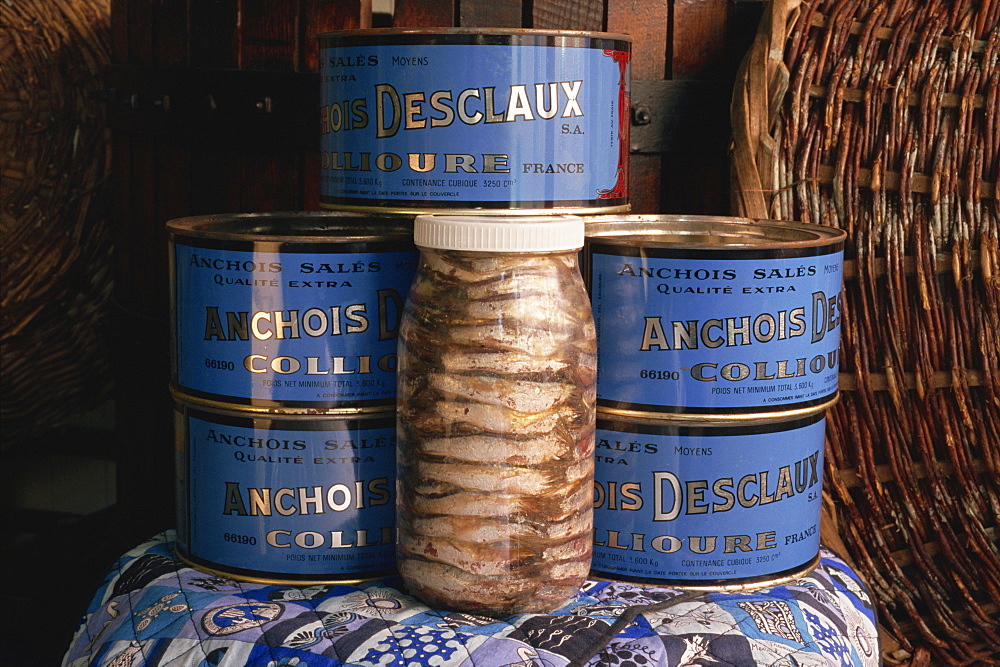 Jars and tins of anchovies, Desclaux factory, Collioure, Roussillon, France, Europe