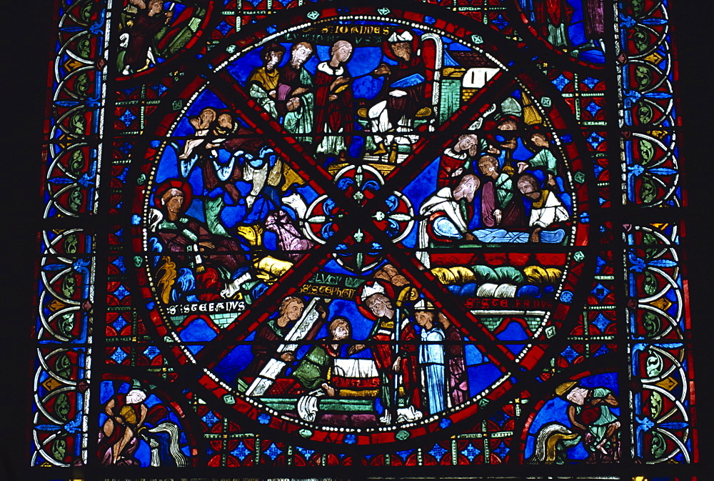 Stained glass window of Les Reliques de St. Etienne, Cathedrale St. Etienne, UNESCO World Heritage Site, Bourges, Berry, Centre, France, Europe