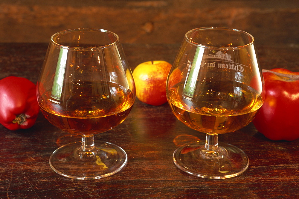 Glasses of Calvados, Chateau du Breuil, Auge, Normandie, France, Europe