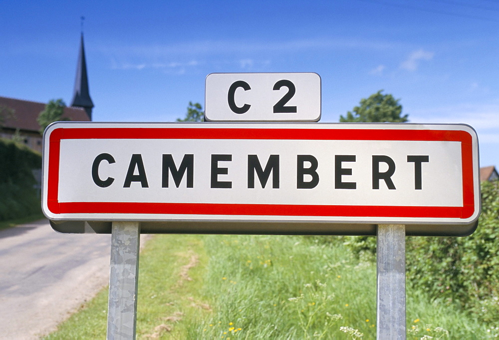 Village sign, Camembert, Normandy, France, Europe