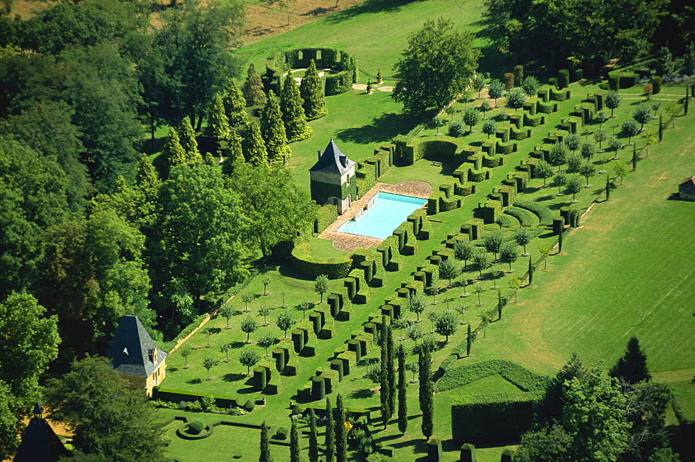 Aerial view of Les Jardins d'Eyrignac, Dordogne, Perigord, Aquitaine, France, Europe