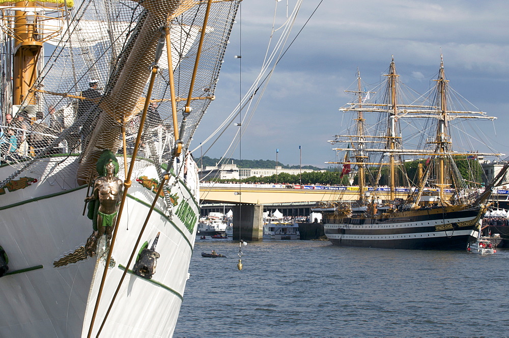 Three masted boats, the Cuauhtemoc from Mexico and the Amerigo Vespucci during Armada 2008, Rouen, Normandy, France, Europe