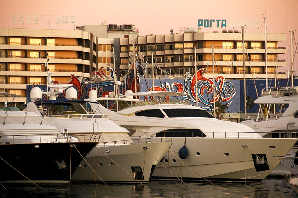 The harbour at sunset with boats, casino and buildings, Alicante, Valencia province, Spain, Europe