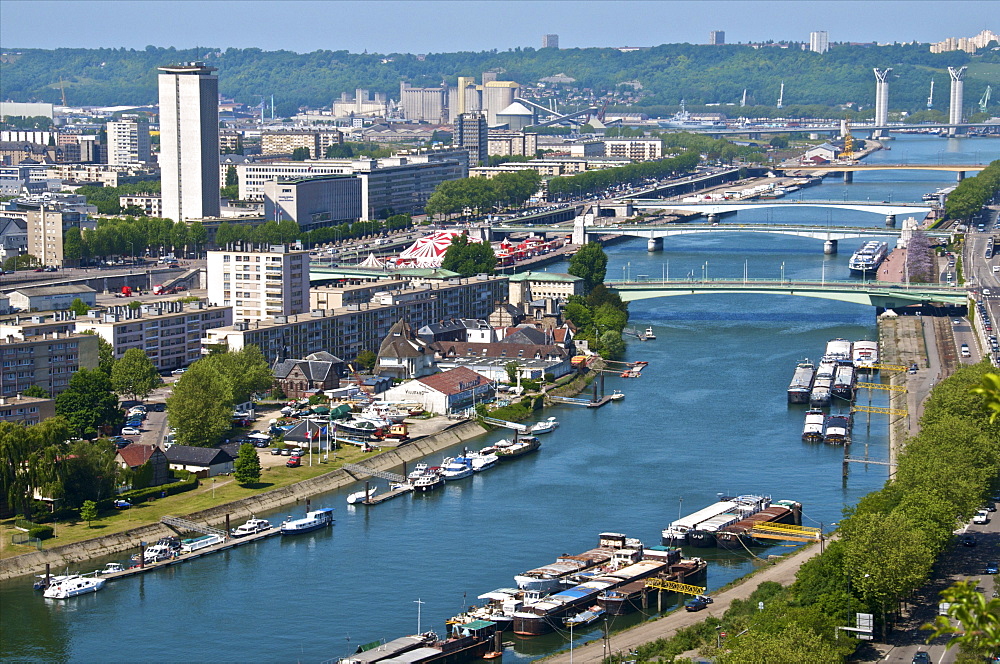 Panorama, with Lacroix Island, Seine River, bridges and boats, seen from St. Catherine Mountain, Rouen, Normandy, France, Europe