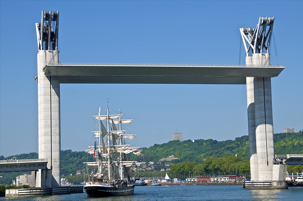 The Belem Sail boat, at Rouen, on the Seine river, under the Flaubert bridge, Rouen, Normandy, France, Europe