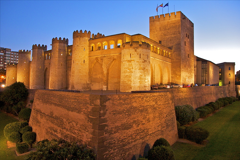 Walls and towers at night of the Aljaferia Palace, dating from the 11th century, Saragossa (Zaragoza), Aragon, Spain, Europe