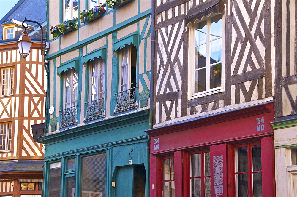 Typical half timbered Norman houses, Honfleur, Calvados, Normandy, France, Europe