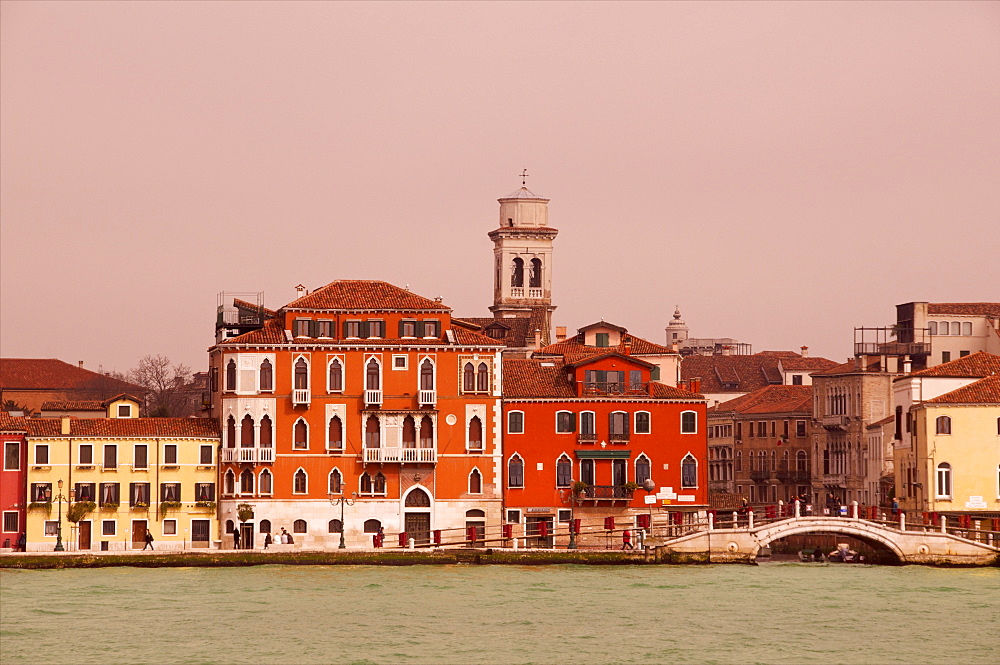 Palaces and houses on Eufemia fondamenta, with S. Eufemia church steeple in the background, Giudecca Canal, Giudecca island, Venice, UNESCO World Heritage Site, Veneto, Italy, Europe