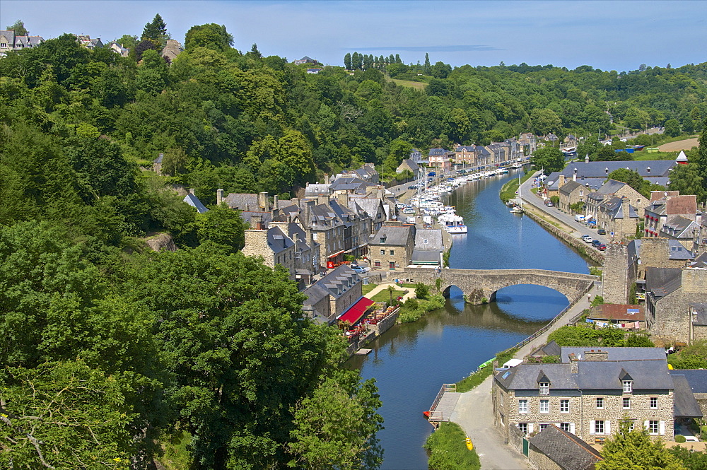 Rance River valley and Dinan harbour with the Stone Bridge, Dinan, Brittany, France, Europe 