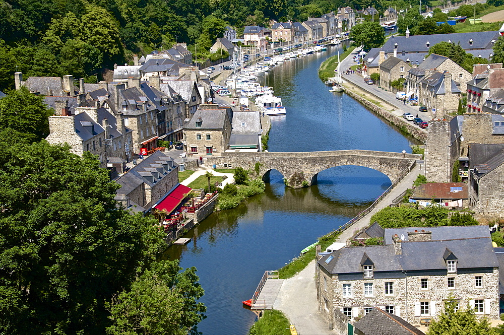 Rance River valley and Dinan harbour with the Stone Bridge, Dinan, Brittany, France, Europe 