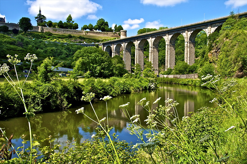 River Rance banks, with viaduct and Castle walls, Dinan, Brittany, France, Europe 